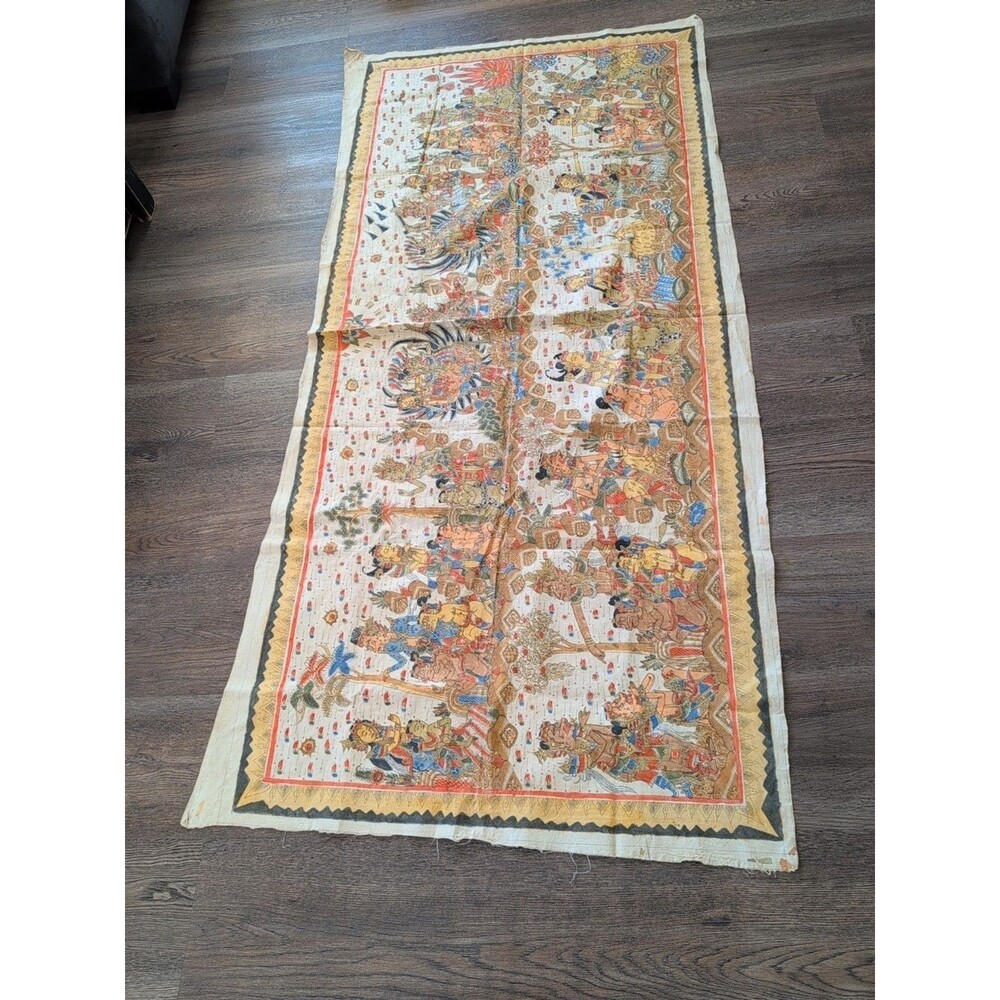 Vintage Kamasan Bali Indonesia Textile Hand Painting Mural 74" X 34" Signed